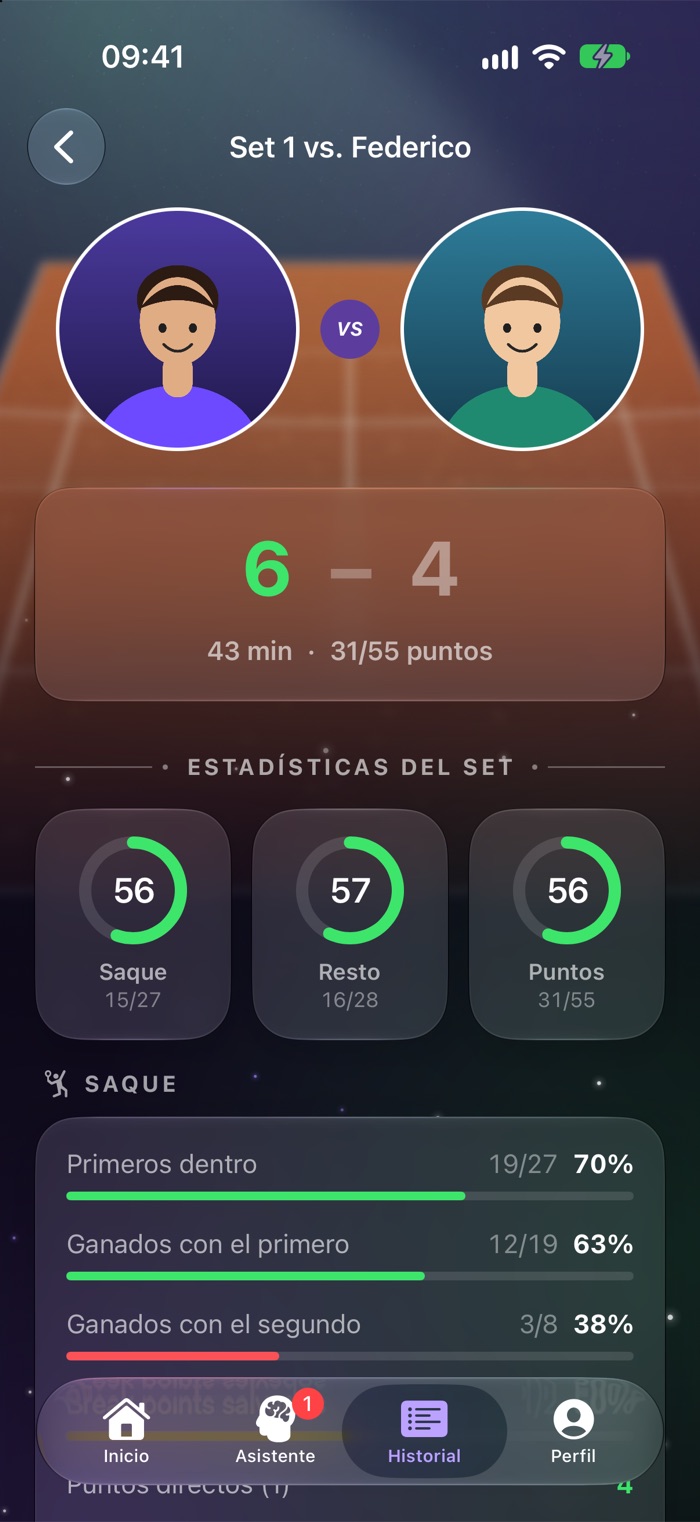 Detalle de un set con sus estadísticas de saque, resto y puntos ganados