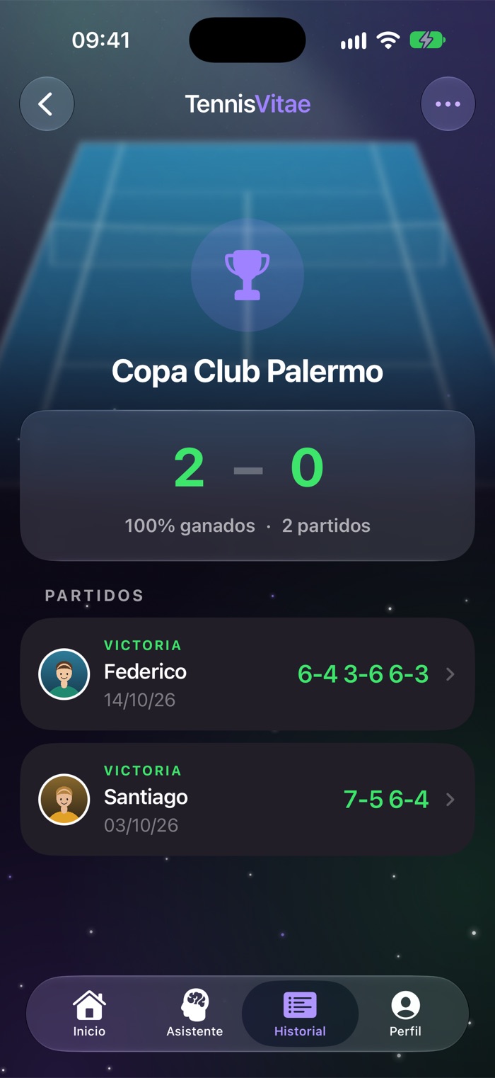 Ficha de un torneo con su balance y sus partidos