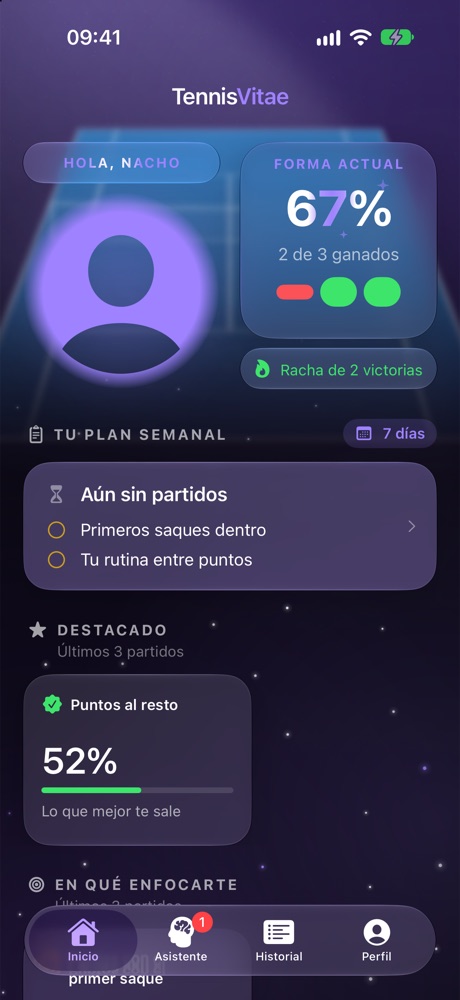 Pantalla de inicio de Tennis Vitae: forma actual, racha de victorias y plan semanal